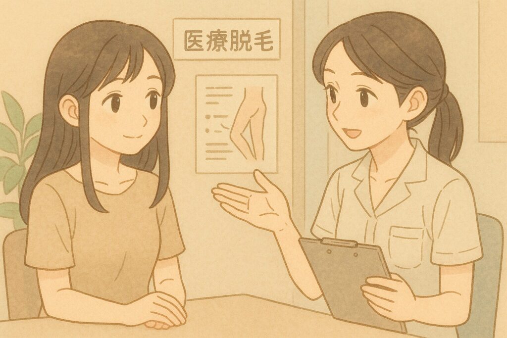 医療脱毛スタッフから説明を受けている女性