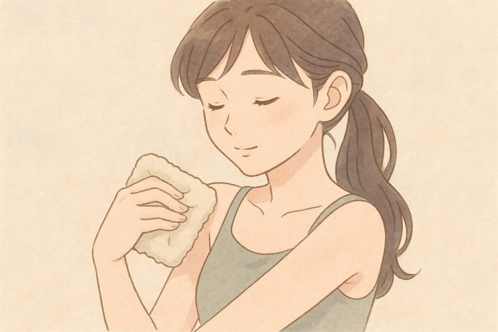 タオルで優しく肌を冷やす女性