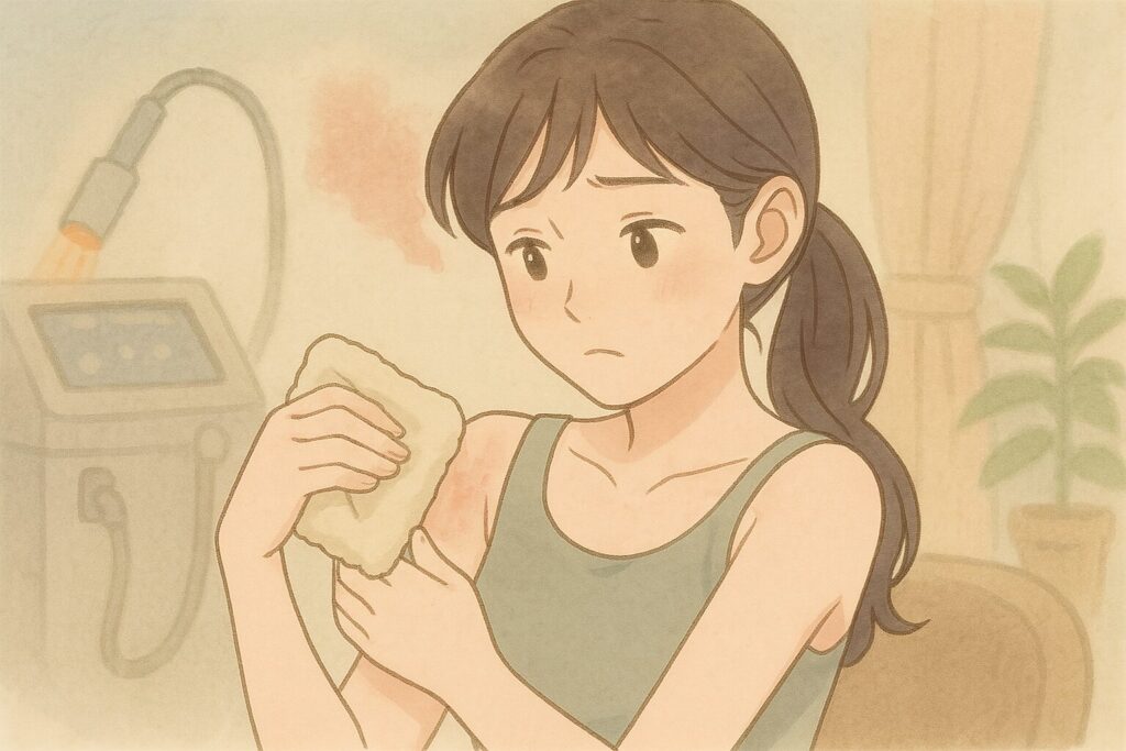 女性が赤くなった腕を見て困っている