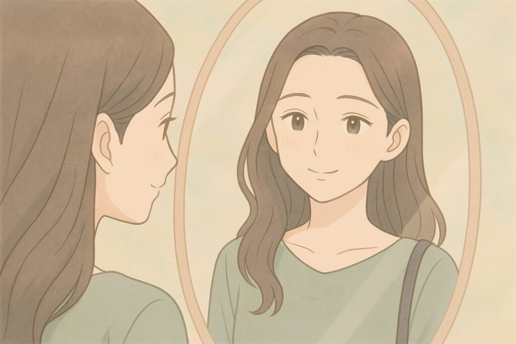 鏡に向かって微笑む女性