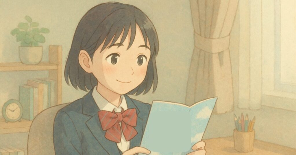 中学生の女の子がパンフレットを見ながら微笑んでいる