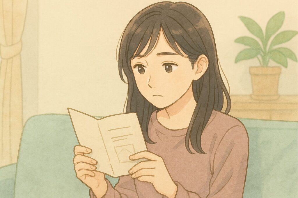 パンフレットを読みながら考える女性