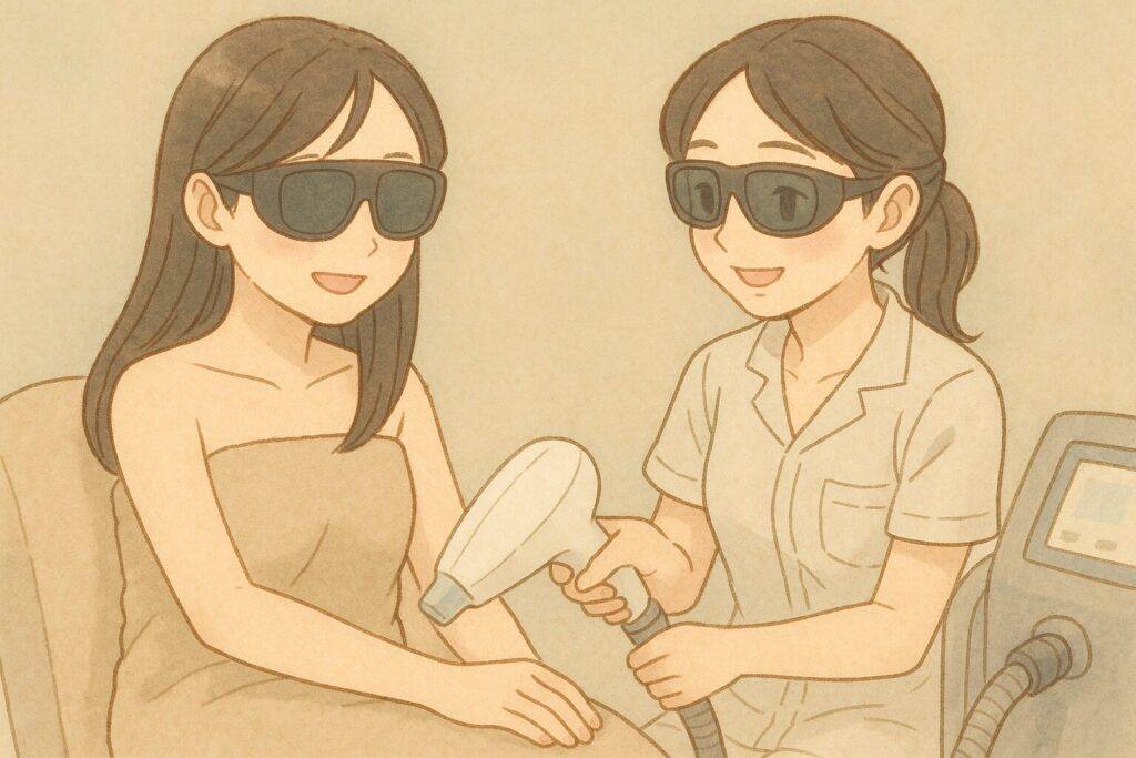 医療脱毛施術スタッフとコミュニケーションを取りながら脱毛の施術を受ける女性