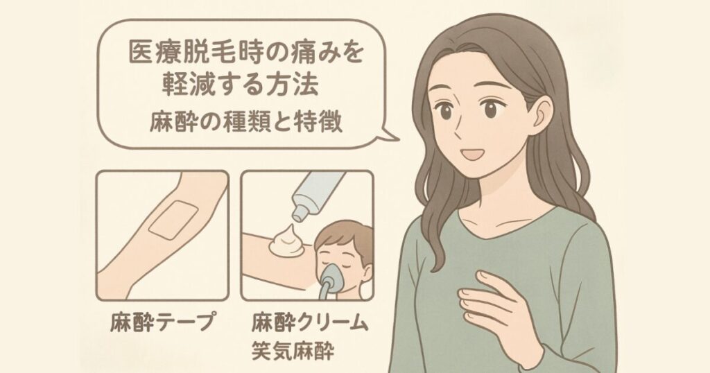 クリニックでできる主な麻酔の種類として、麻酔テープ、麻酔クリーム、笑気麻酔