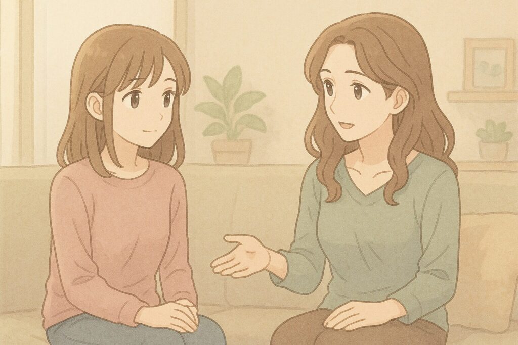 母娘がリビングで話している様子
