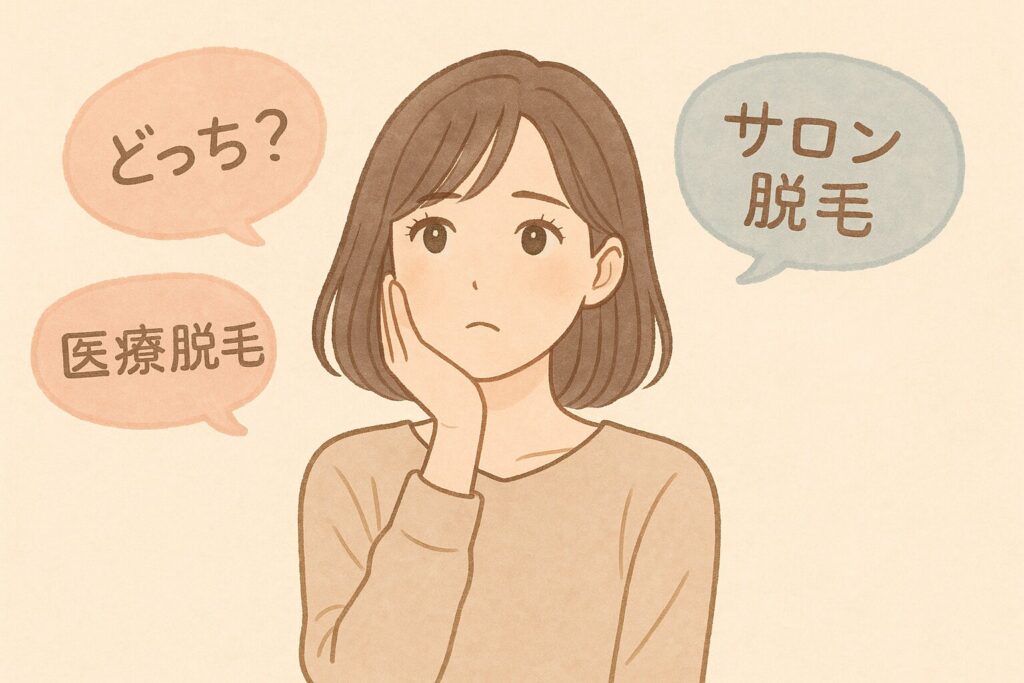 女性が、医療脱毛化サロン脱毛か迷っている姿