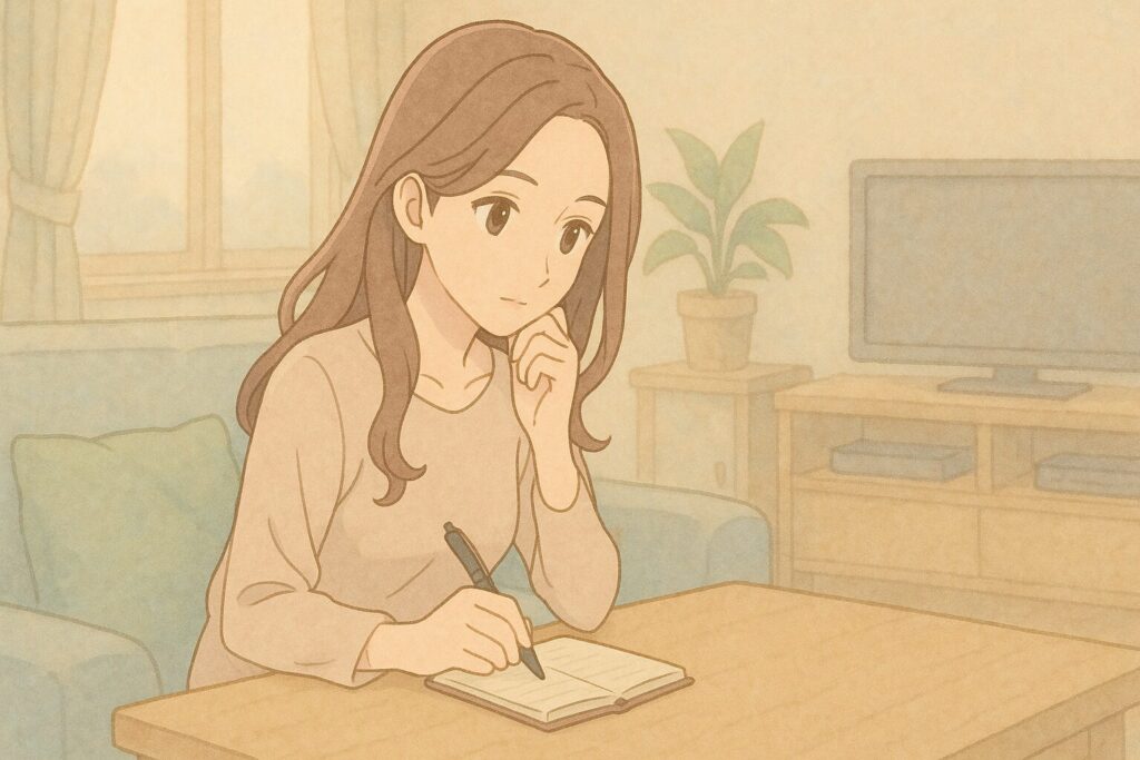 考えながらノートにメモをする女性