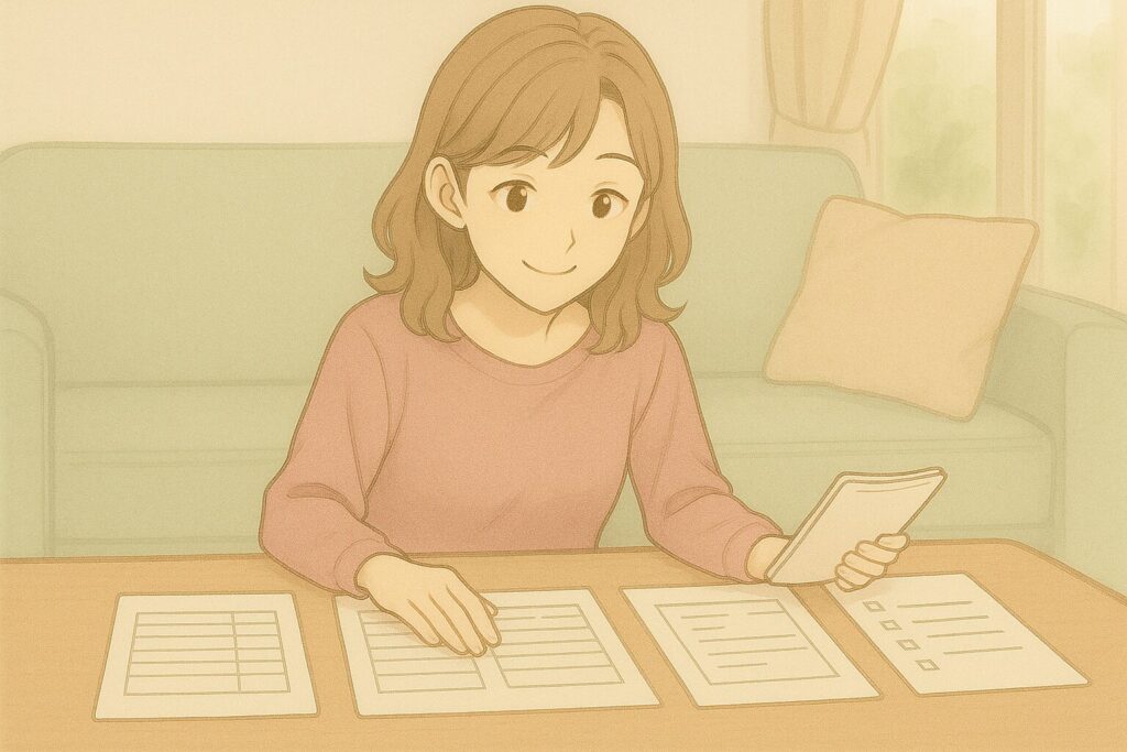 自分の優先順位をメモしたノートと見積書を見比べてニッコリする女性