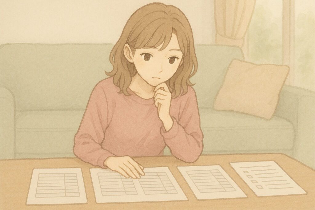 複数の見積書とチェックリストを並べて比較検討している女性