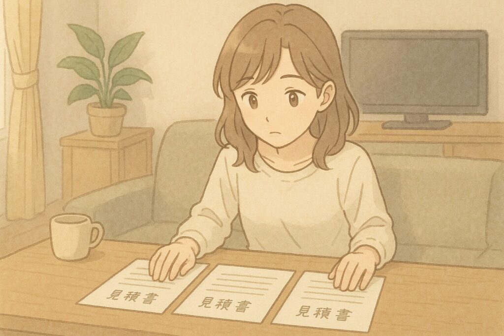 見積書を並べて検討中の女性