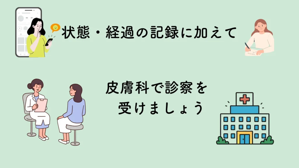 脱毛で肌トラブル時の最優先事項
・患部の状態と経過を写真とメモなどで記録
・皮膚科で診察を受ける(心配な場合は、提携ではない皮膚科で受診も考慮する)