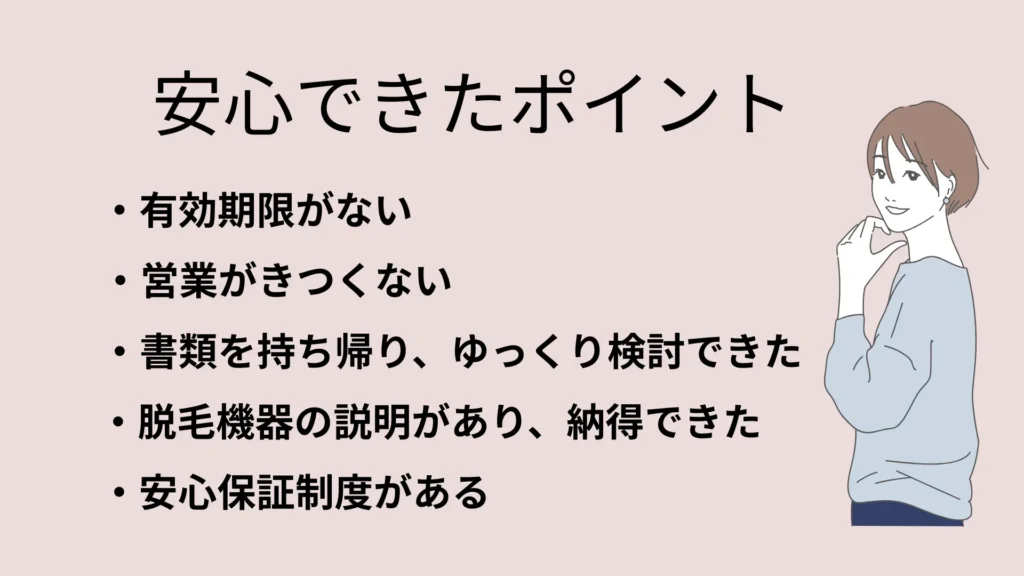 湘南美容クリニック安心できたポイント
・有効期限がない
・営業がきつくない
・書類を持ち帰り、ゆっくり検討できた
・脱毛機器の説明があり、納得できた
・安心保証制度がある