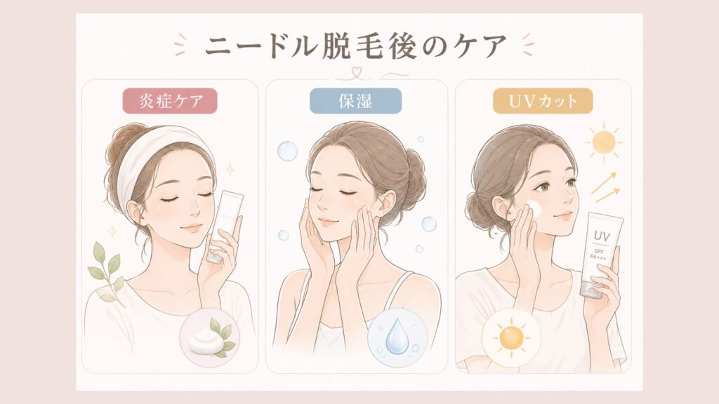ニードル脱毛後のケア３つ
・炎症ケア
・保湿
・UVカット