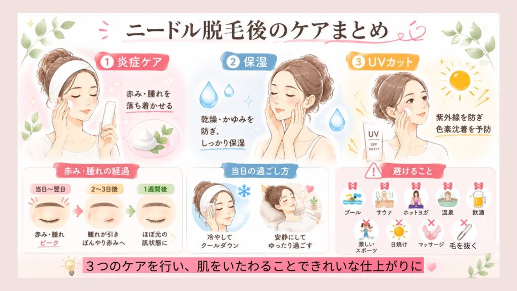ニードル脱毛後の３つのケア：炎症ケア・保湿・UVカット
赤み・腫れの経過
当日〜翌日：ピーク。
２〜３日後：腫れが引き、赤みがぼんやりとした感じに。
１週間後：ほぼ元の肌の状態に。
当日の過ごし方：冷やしたタオルでクールダウン。安静にしてゆったり過ごす。
避けること：プール・サウナ・ホットヨガ・温泉・飲酒・激しいスポーツ・日焼け・マッサージ・毛を抜くこと。
