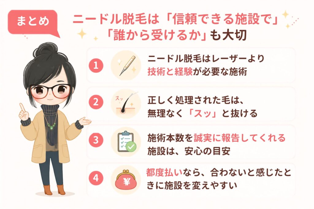 まとめ｜ニードル脱毛は「信頼できる施設で」「誰から受けるか」も大切
①ニードル脱毛はレーザー脱毛より、技術と経験が必要な施術
②正しく処理された毛は、無理なく「スッ」と抜ける
③施術本数を誠実に報告してくれる施設は、安心の目安
④施術本数の都度払いなら、合わないと感じた時に施設を変えやすい