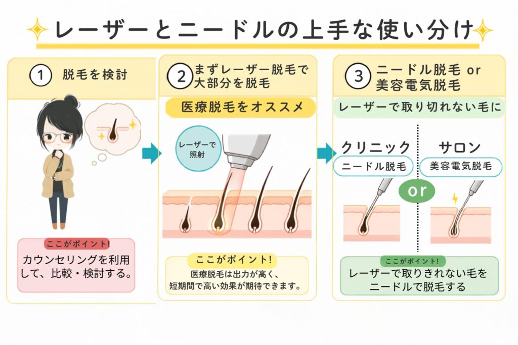 レーザー脱毛とニードル脱毛の上手な使い分け
①脱毛を検討:カウンセリングを利用して比較検討する
②まず大部分をレーザー脱毛で処理する:医療レーザー脱毛がオススメ
③レーザー脱毛で取りきれない毛をニードル脱毛or 美容電気脱毛で処理する。