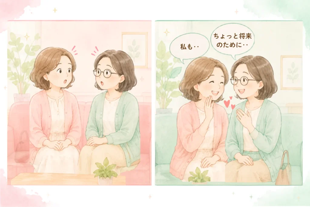女性二人が、脱毛クリニックでちょっとした知り合いにばったり。始めはきまずいかと思いきや、「ちょっと将来のために‥」「私も‥」と話がはずむことも。