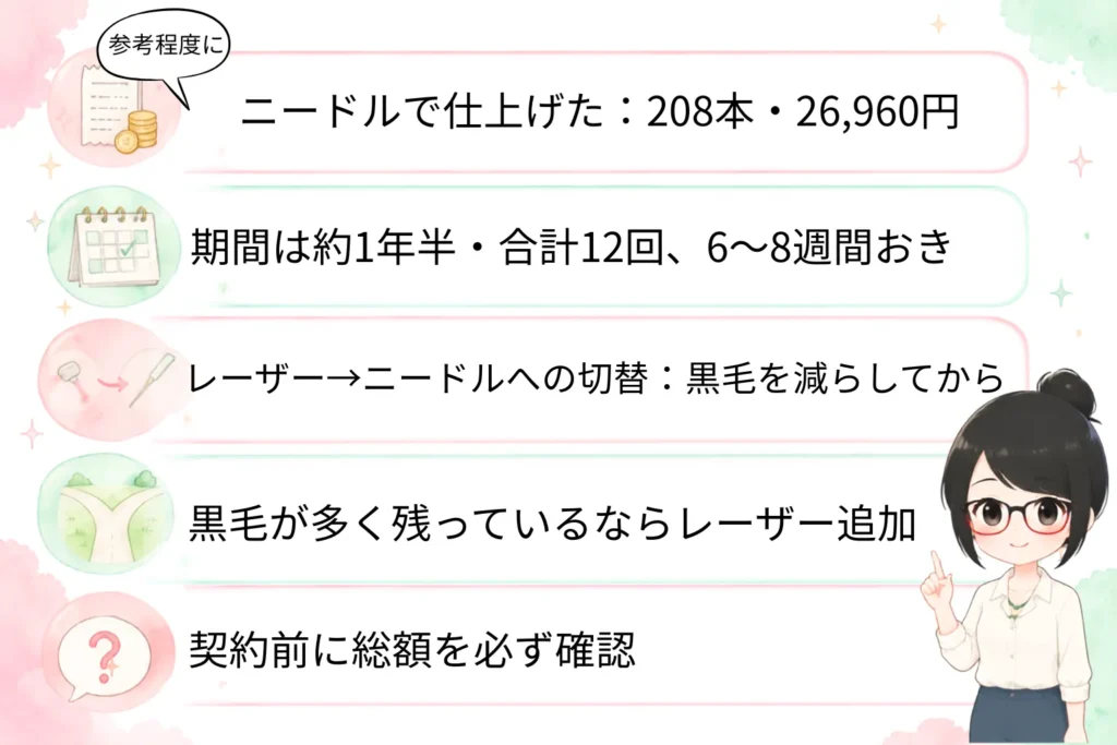 まとめ
・参考程度に、私の場合はVIOをニードルで仕上げた総額は208本・26,960円
・期間は約1年半・合計12回、6~8週間おき
・レーザーからニードルの切替は、黒毛を減らしてから
・黒毛が多く残っているなら、レーザーを追加
・契約前に総額を必ず確認