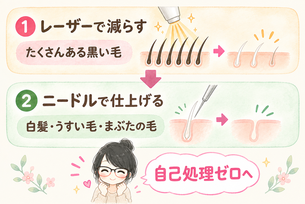 ニードル脱毛を使う順番
①医療レーザー脱毛で、たくさんある黒い毛は脱毛する
②色素の薄い白髪など・眼球周りの毛・黒子に生えた毛など、レーザー脱毛できない毛をニードル脱毛で仕上げる