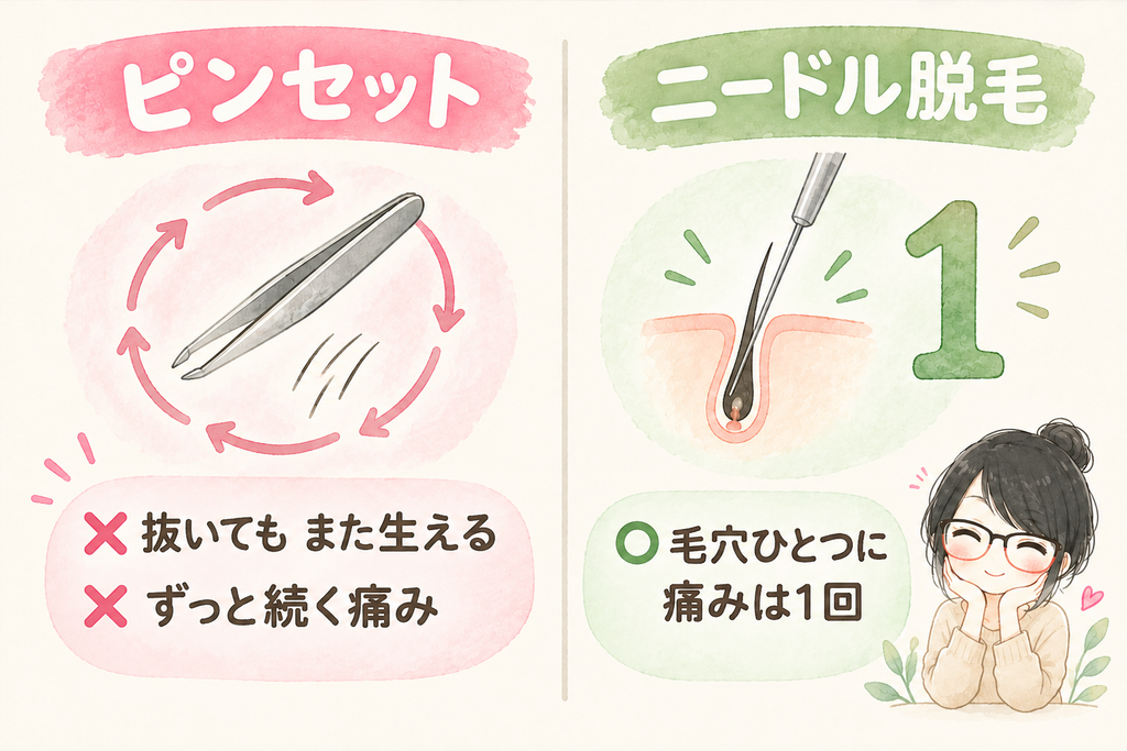 ピンセットとニードル脱毛のちがい。ピンセットは抜いてもまた生え、ニードル脱毛は毛穴ひとつに痛みは1回。