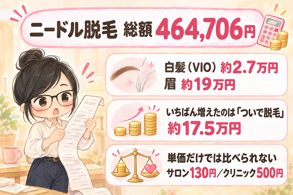 ニードル脱毛 総額 464,706円」
・内訳
「白髪(VIO)約2.7万円」
「眉 約19万円」
「いちばん増えたのは『ついで脱毛』
約17.5万円」
・単価だけでは比べられない
「サロン130円/クリニック500円」